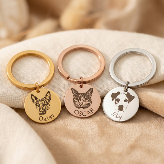 Custom laser engraved pet portrait keychains in Silver, Gold, and Rose Gold finishes - personalized stainless steel pet memorial gift