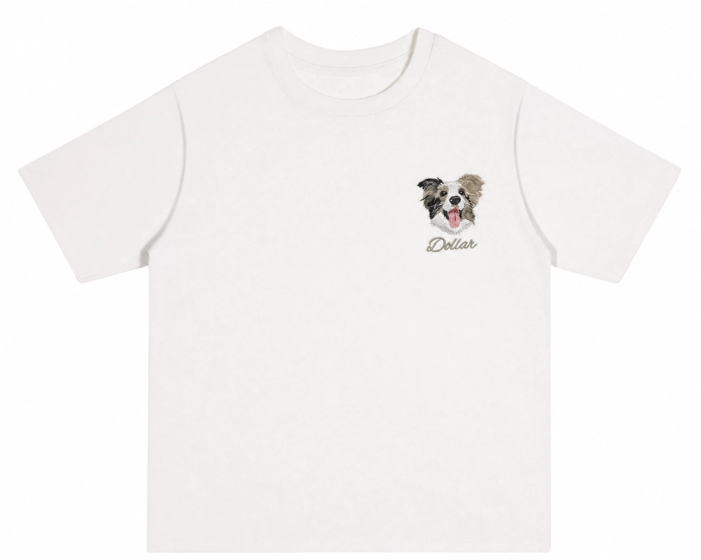 Petailor Custom Embroidered Pet Portrait T-shirt in White, featuring high-density realistic dog face embroidery. Personalized gift for dog lovers.