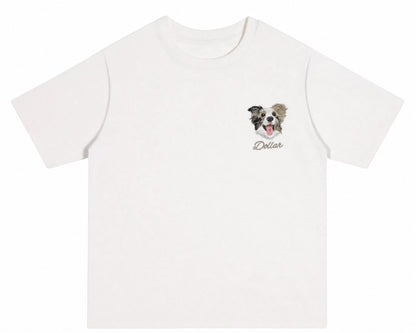 Petailor Custom Embroidered Pet Portrait T-shirt in White, featuring high-density realistic dog face embroidery. Personalized gift for dog lovers.