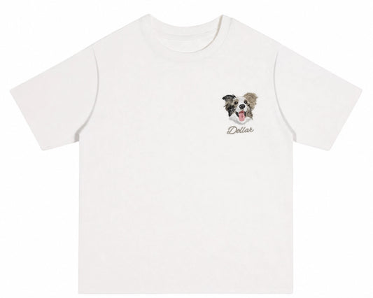 Petailor Custom Embroidered Pet Portrait T-shirt in White, featuring high-density realistic dog face embroidery. Personalized gift for dog lovers.