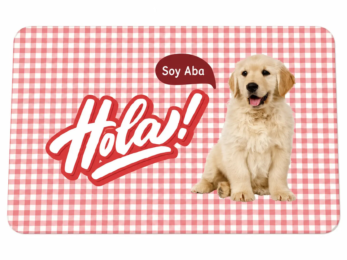 Personalized waterproof pet food placemat with classic red gingham plaid pattern and custom golden retriever puppy portrait