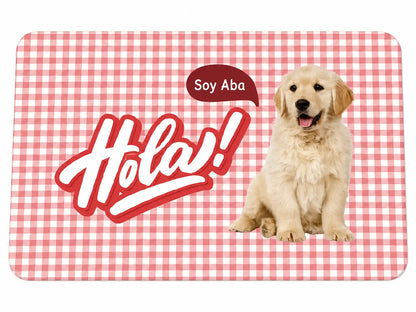 Personalized waterproof pet food placemat with classic red gingham plaid pattern and custom golden retriever puppy portrait