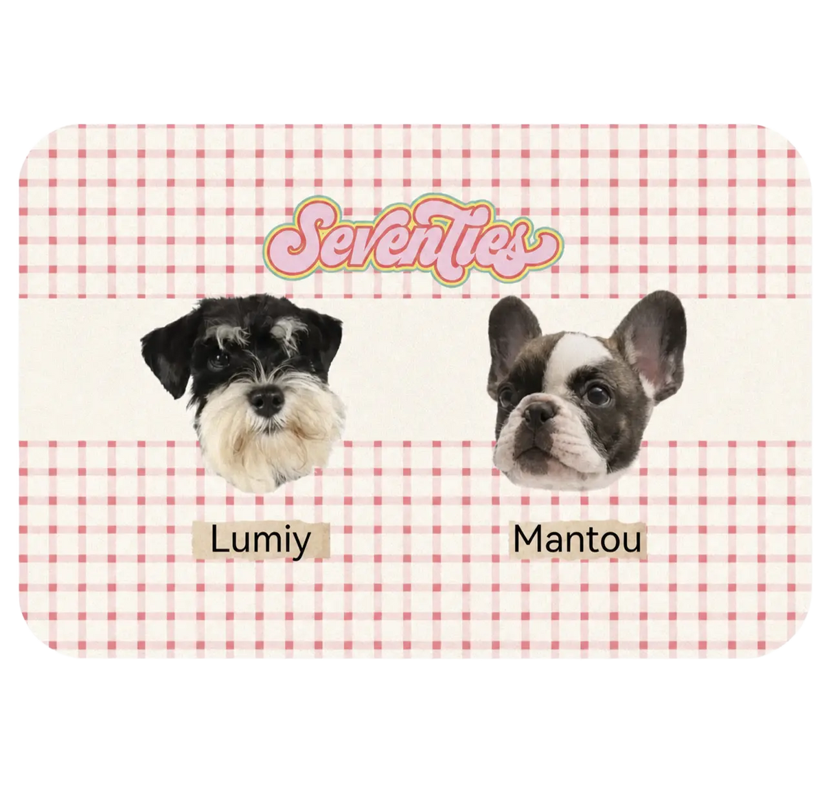 Personalized waterproof PU leather pet feeding mat featuring retro pink gingham pattern with custom pet portrait and name