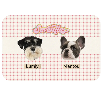 Personalized waterproof PU leather pet feeding mat featuring retro pink gingham pattern with custom pet portrait and name