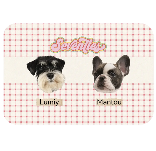Personalized waterproof PU leather pet feeding mat featuring retro pink gingham pattern with custom pet portrait and name