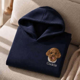 Navy blue custom embroidered pet portrait hoodie - personalized dog photo sweatshirt by Petailor