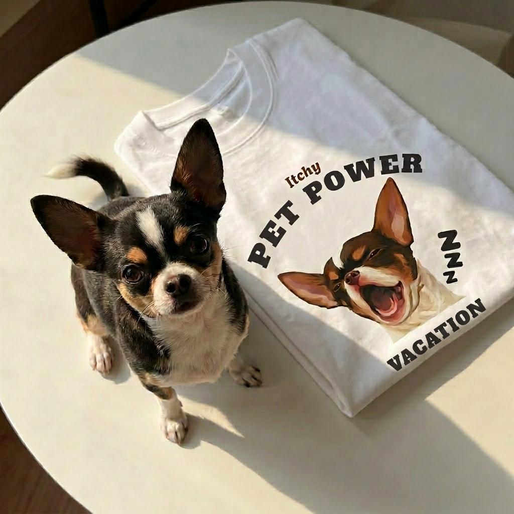 Chihuahua sitting next to its custom Pet Power portrait t-shirt - real-life pet photo recreation