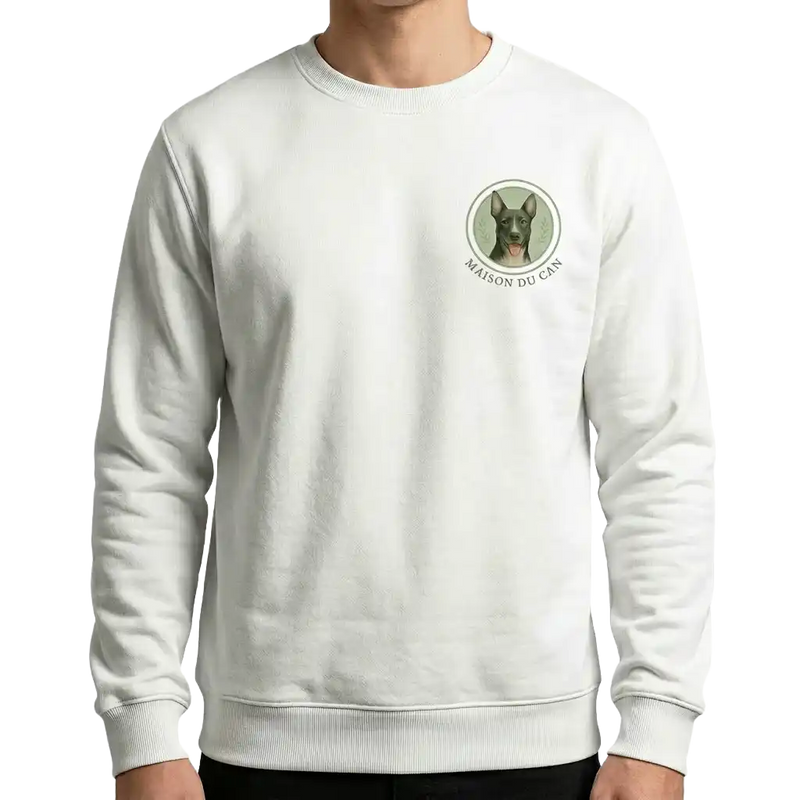 White crewneck sweatshirt with a subtle custom dog logo on the chest. High-quality corporate staff apparel produced by Petailor.