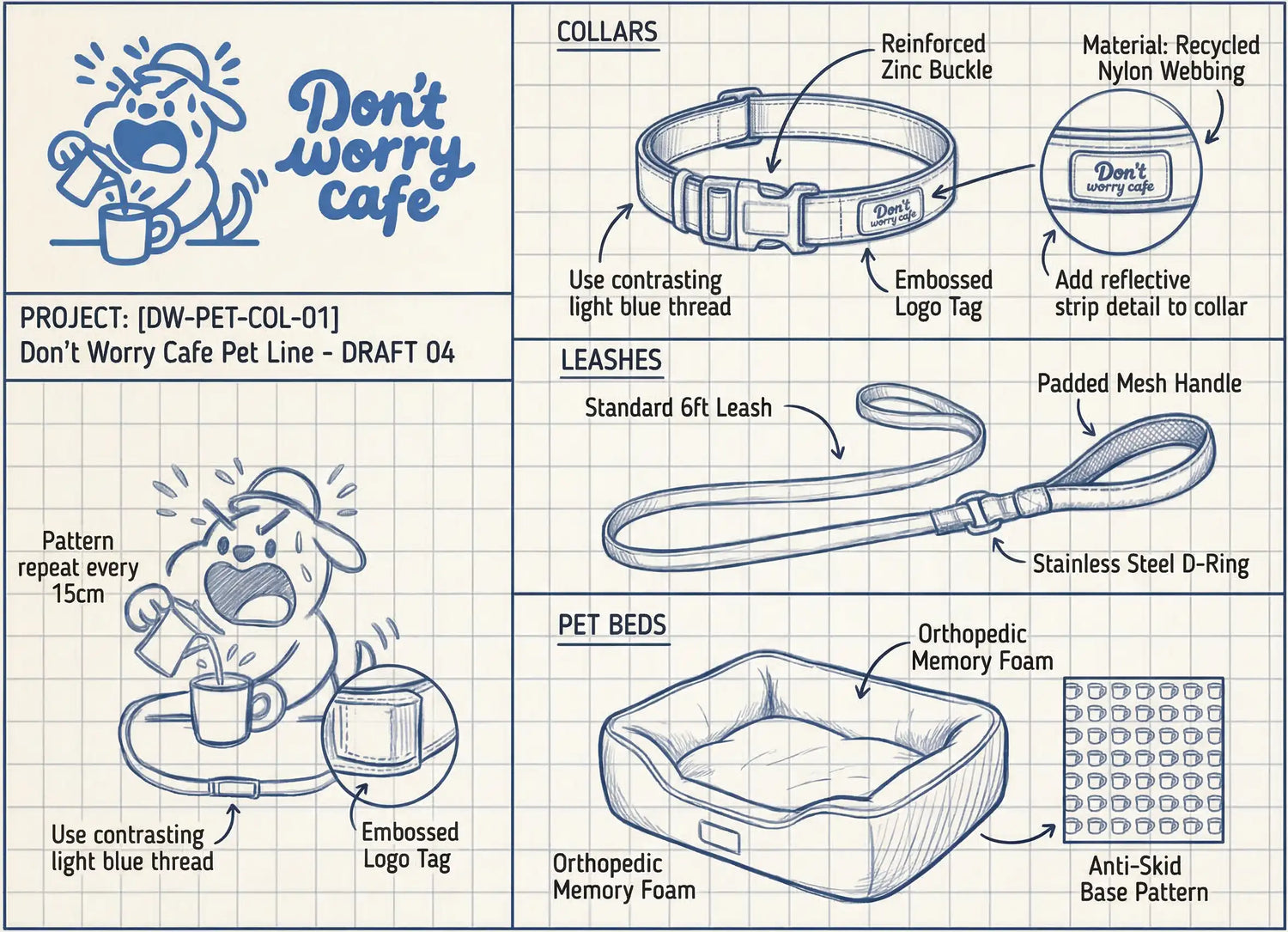 Technical design blueprint by Petailor for a B2B custom pet line. Detailed specifications showing OEM/ODM capabilities for dog collars, leashes, and orthopedic beds.