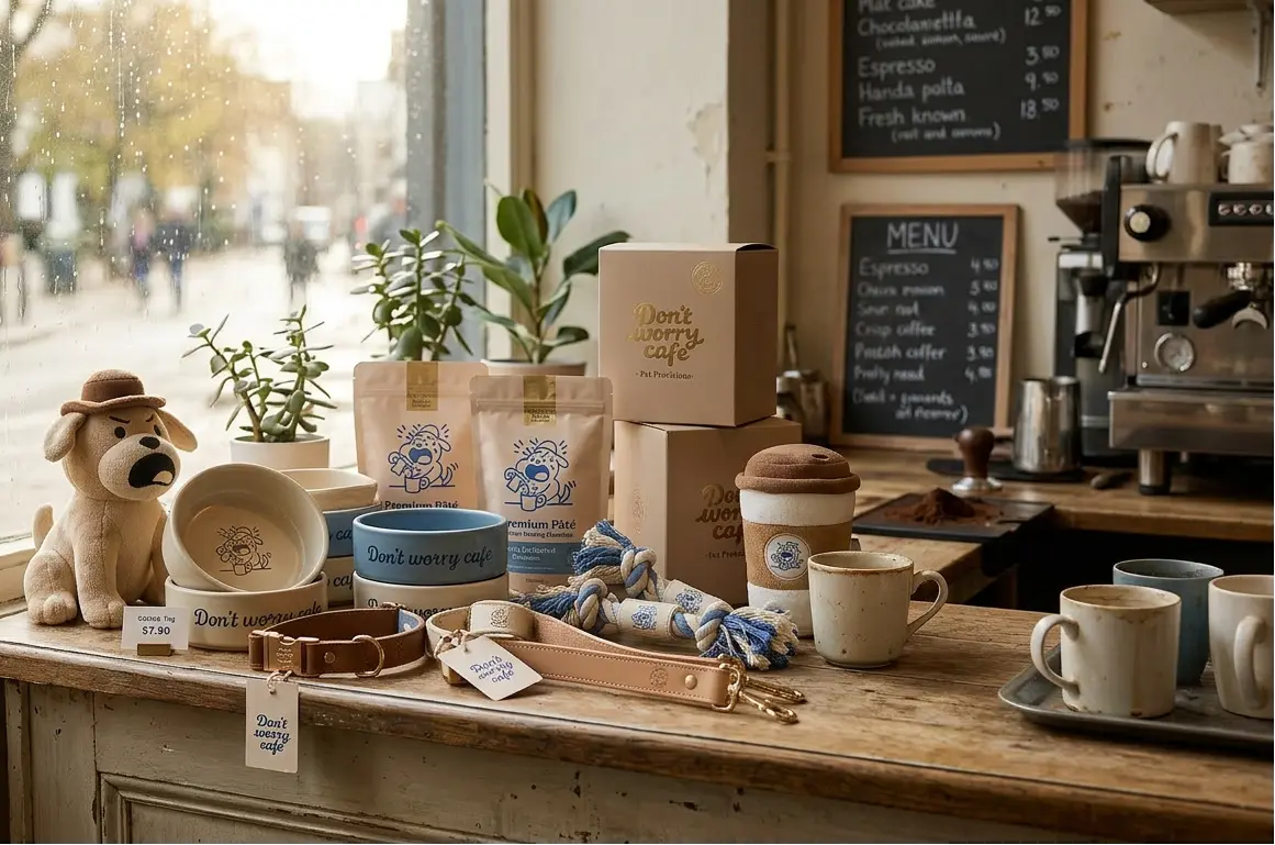 Custom branded pet products and lifestyle merchandise beautifully displayed in a cafe setting. Petailor ensures reliable global delivery and long-term retail partnerships for B2B clients.