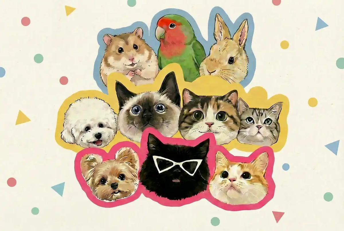 A playful sticker-style collage featuring portraits of dogs, cats, a bunny, a parrot, and a hamster. Petailor's brand DNA focuses on creating unique, personalized pet products that are never boring.