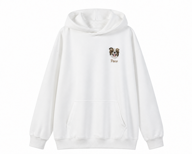 White custom embroidered pet portrait hoodie - personalized dog photo sweatshirt by Petailor
