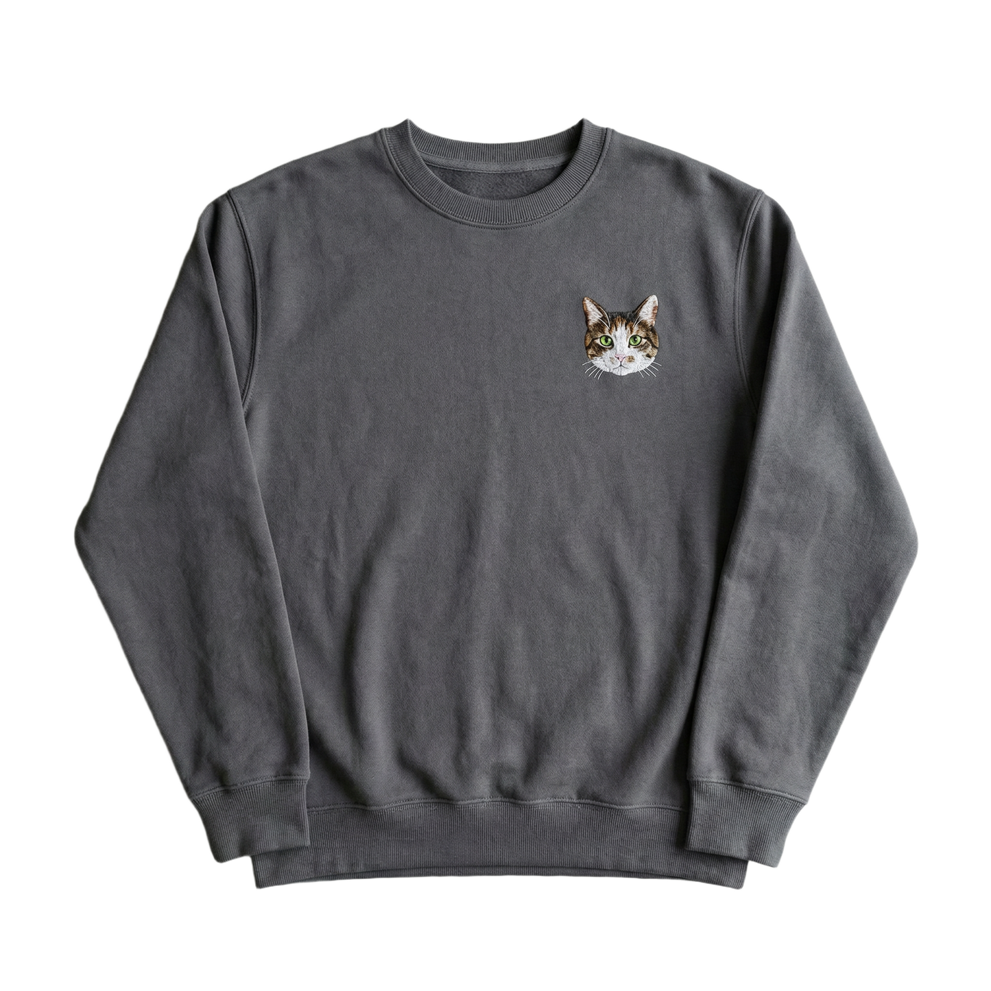 Dark grey custom embroidered pet portrait crewneck sweatshirt with a cat face detail - Petailor personalized apparel