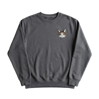 Dark grey custom embroidered pet portrait crewneck sweatshirt with a cat face detail - Petailor personalized apparel
