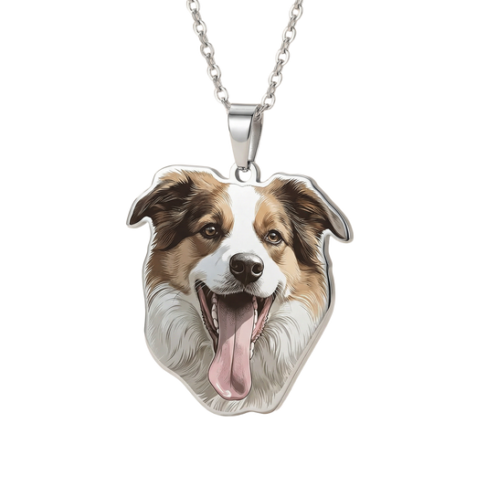 Custom pet face portrait necklace featuring a high-definition color print of a Border Collie - Petailor personalized jewelry