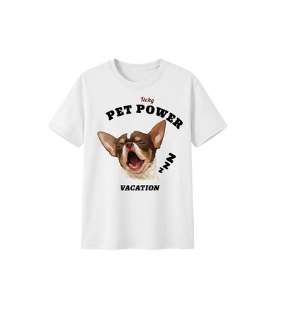 Close-up of Petailor custom pet photo t-shirt featuring a detailed white dog portrait print - high-quality personalized pet apparel