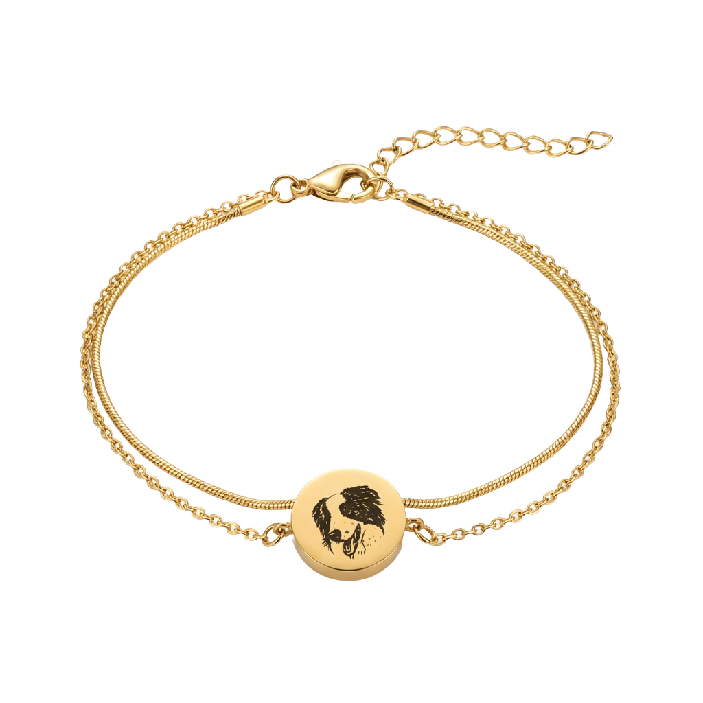 portrait-double-chain-bracelet-gold.jpg	Custom pet portrait bracelet with double-chain design in 18K gold plated stainless steel - personalized dog photo jewelry