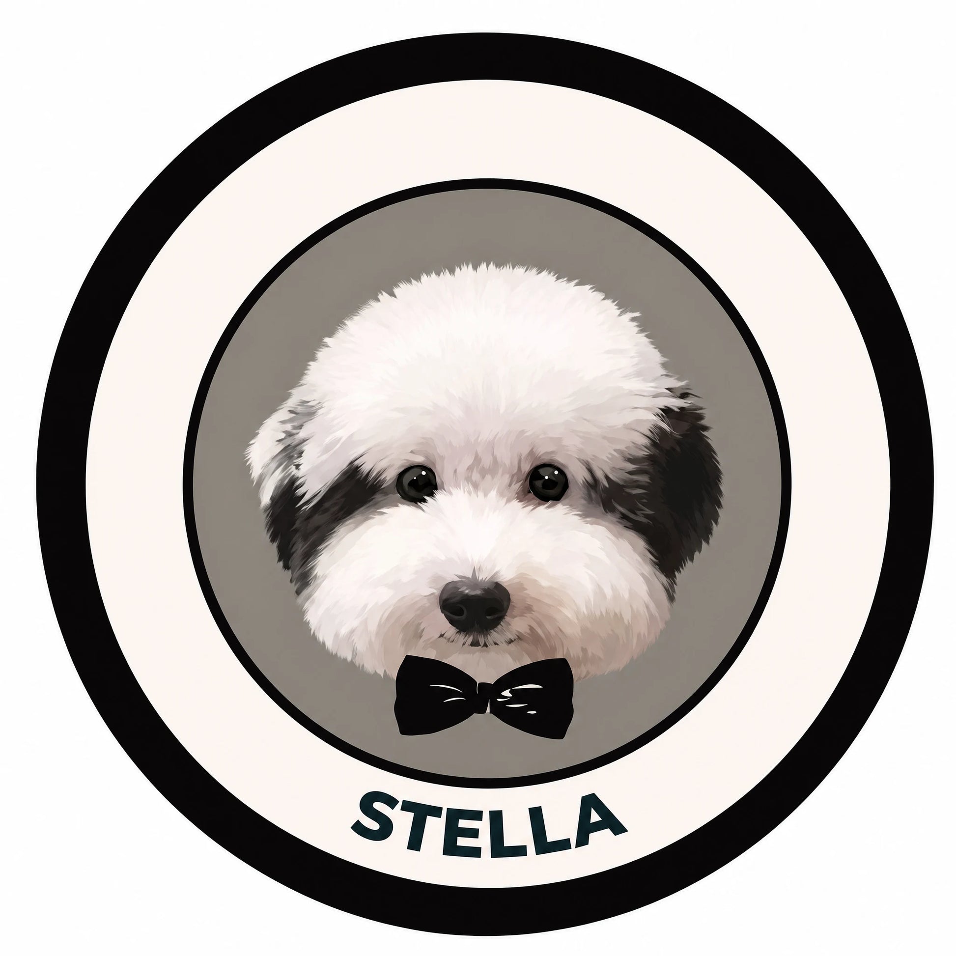 Circular custom pet portrait rug of a Bichon named Stella - Petailor personalized home decor