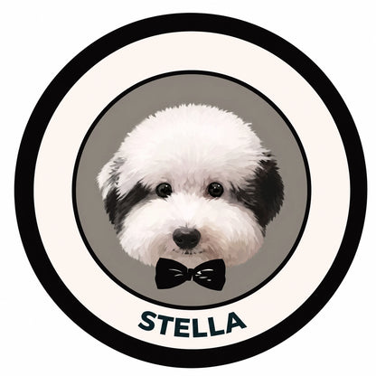 Circular custom pet portrait rug of a Bichon named Stella - Petailor personalized home decor