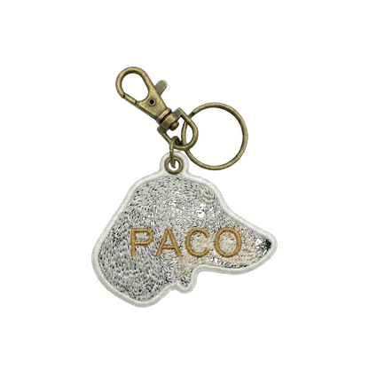Back view of Petailor custom embroidered keychain showing personalized pet name detail - handcrafted fabric reverse side