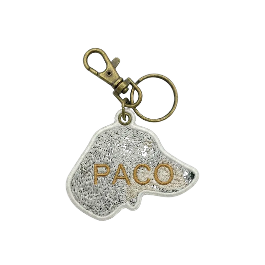 Back view of Petailor custom embroidered keychain showing personalized pet name detail - handcrafted fabric reverse side