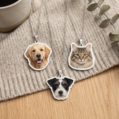 Collection of custom pet face necklaces showing dog and cat portraits with high-fidelity UV printing