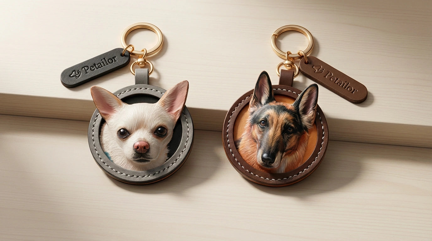 Petailor custom leather pet portrait keychains - Handcrafted 3D charms, luxury personalized pet gifts.