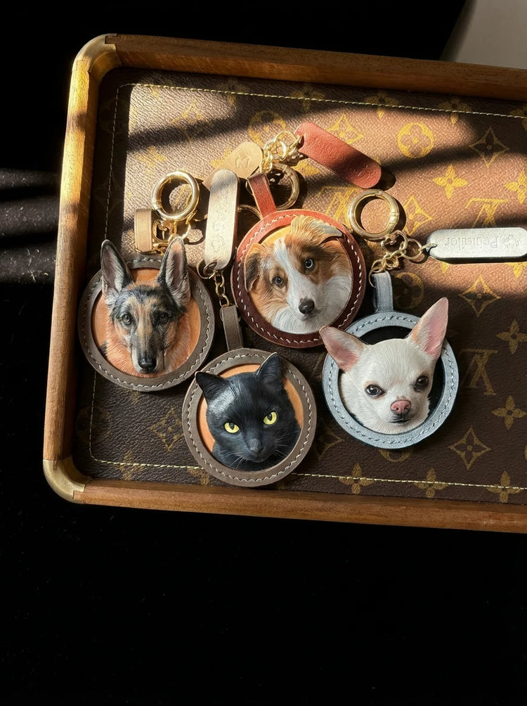 Petailor signature 3D leather pet portrait keychains and charms, handcrafted bespoke luxury pet gifts.
